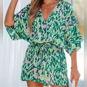 NWT Cupshe Romper Beach Coverup Women Sz L VNeck 3/4 Sleeve One Piece Pink Green